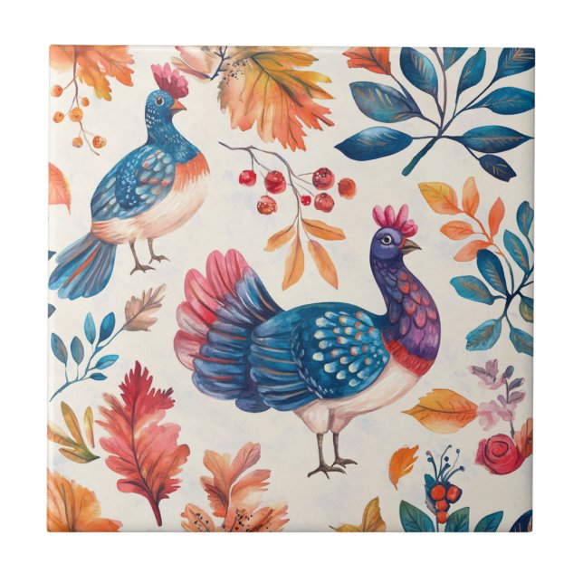 Rustic Thanksgiving Turkey Folk Art Fall Pattern Tile (Front)