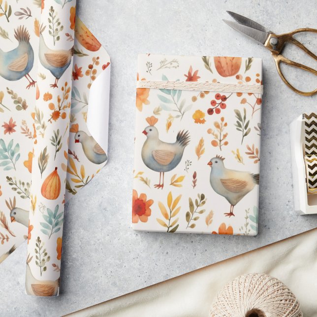 Rustic Thanksgiving Turkey & Pumpkin Watercolor  Wrapping Paper (Creator Uploaded)