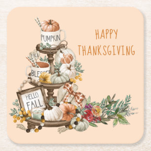 Rustic Thanksgiving Watercolor Pumpkins Autumn Square Paper Coaster