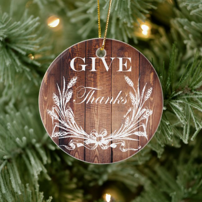 rustic thanksgiving wreath barn wood give thanks ceramic ornament (Tree)