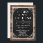 Rustic The Man The Myth The Legend 60th Birthday Invitation<br><div class="desc">He IS The Man The Myth The LEGEND! His life has been an amazing adventure and it's time to celebrate his legacy and him. This rustic wood backed textured black paper with white type and and white scrolled corners 60th Birthday invitation is perfect for inviting friends and family to join...</div>