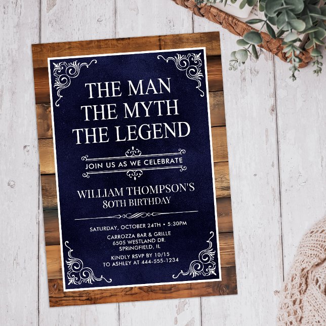 Rustic The Man The Myth The Legend 80th Birthday Invitation (Creator Uploaded)