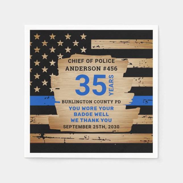 Rustic Thin Blue Line Police Retirement Party Napkin (Front)
