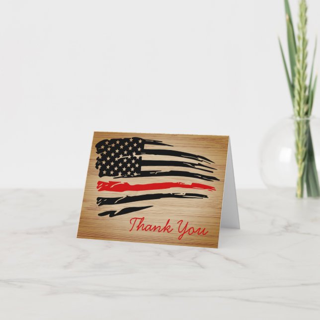 Rustic Thin Red Line Fire Department Firefighter Thank You Card (Front)