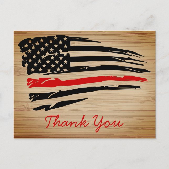 Rustic Thin Red Line Firefighter Thank You Postcard (Front)