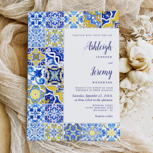 Rustic Tile Blue Yellow Wedding Invitation