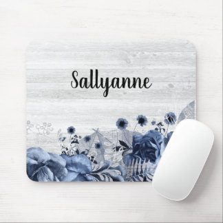 RUSTIC TIMBER BLUE FLORAL BORDER CUSTOMIZABLE MOUSE PAD