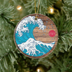Rustic Title Wave and Sun - Custom Year Name Ceramic Ornament