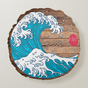 Rustic Title Wave and Sun - Custom Year Name  Round Pillow