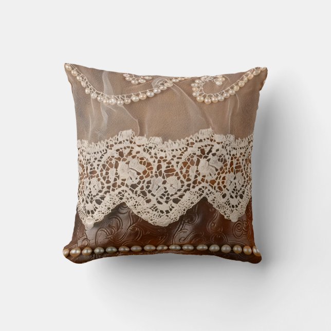 Rustic Tooled Leather and Antique Lace Western Throw Pillow (Front)