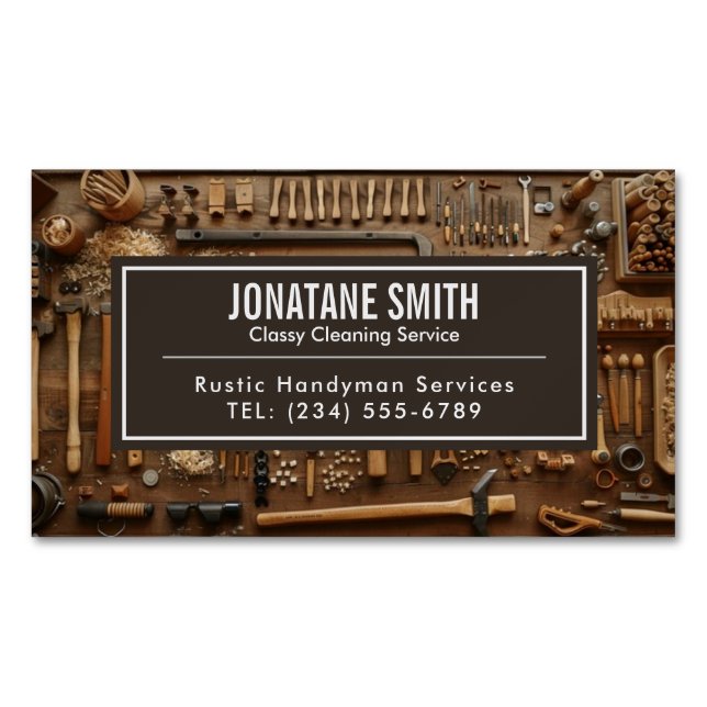 Rustic Tools Carpenter Handyman Woodworker Magnetic Business Card (Front)