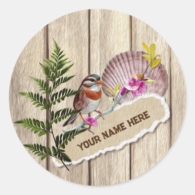 Rustic Torn Paper Wood Oil Paint Personalize Name Classic Round Sticker (Front)