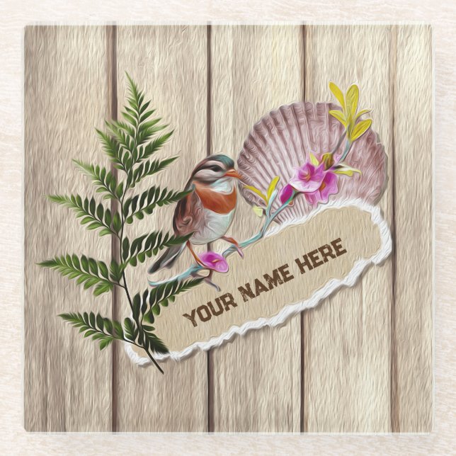 Rustic Torn Paper Wood Oil Paint Personalize Name Glass Coaster (Front)