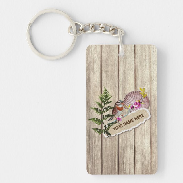 Rustic Torn Paper Wood Oil Paint Personalize Name Keychain (Front)