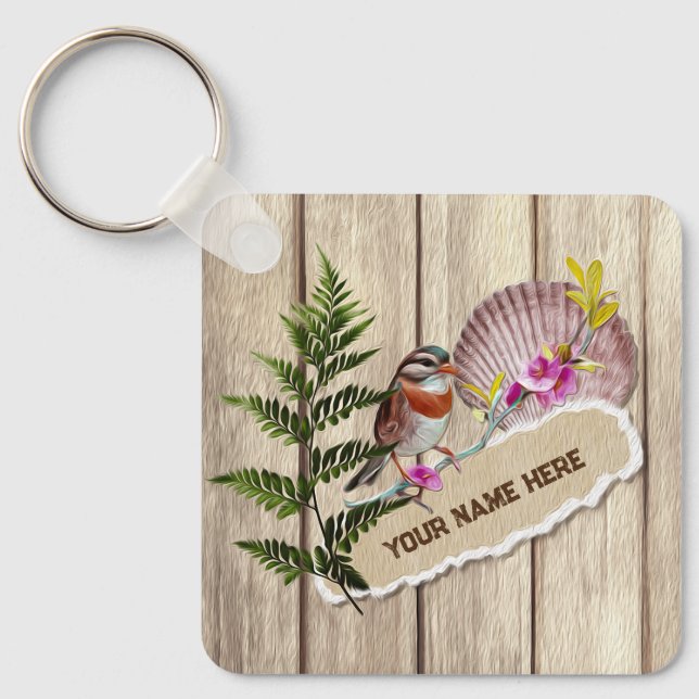 Rustic Torn Paper Wood Oil Paint Personalize Name Keychain (Front)