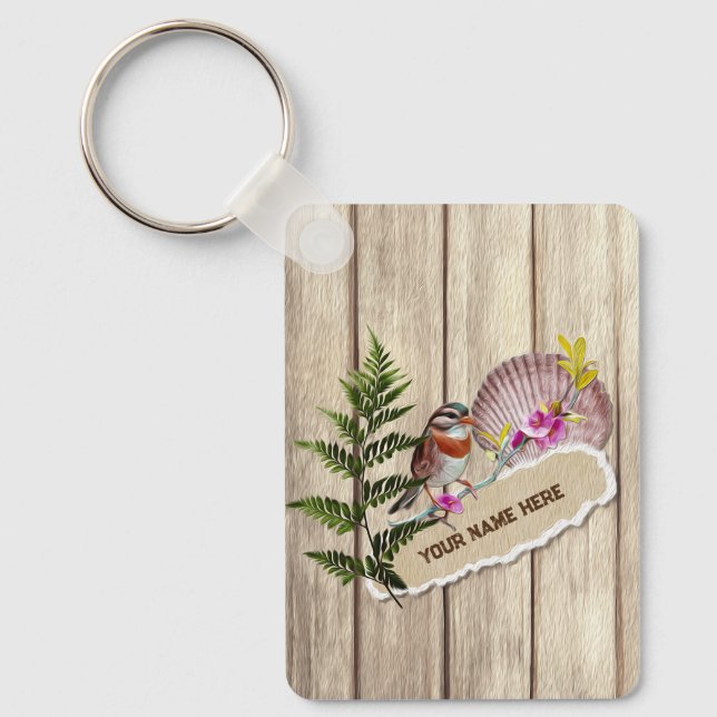 Rustic Torn Paper Wood Oil Paint Personalize Name Keychain (Front)