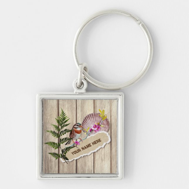 Rustic Torn Paper Wood Oil Paint Personalize Name Keychain (Front)