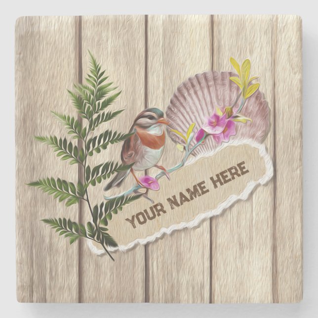 Rustic Torn Paper Wood Oil Paint Personalize Name Stone Coaster (Front)