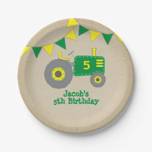 Rustic Tractor Baby Shower Green and Yellow Paper Plate