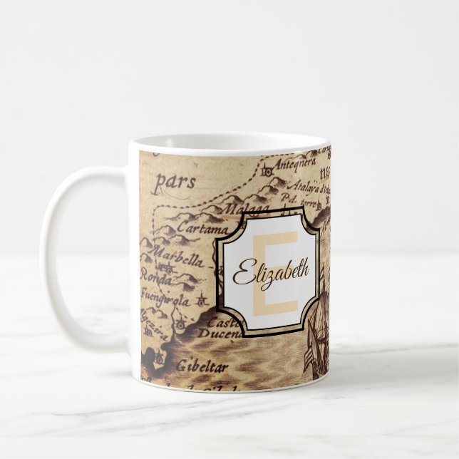 Rustic Travel Map | Initial Monogram and Name Coffee Mug (Left)
