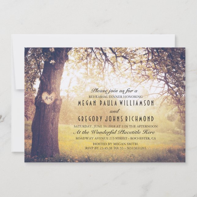 Rustic Tree and Carved Heart Rehearsal Dinner Invitation (Front)