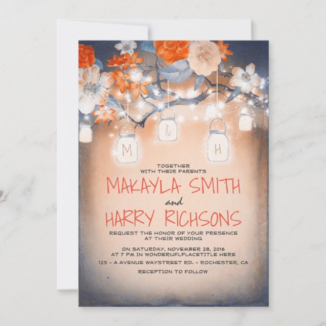Rustic Tree and Lights Mason Jars Fall Wedding Invitation (Front)