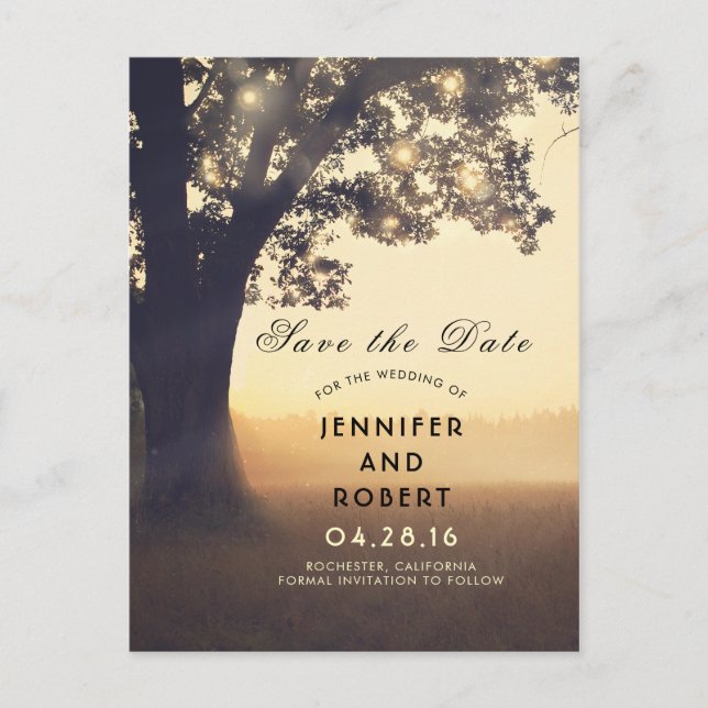 Rustic Tree and Lights Summer Fields Save the Date Announcement Postcard (Front)