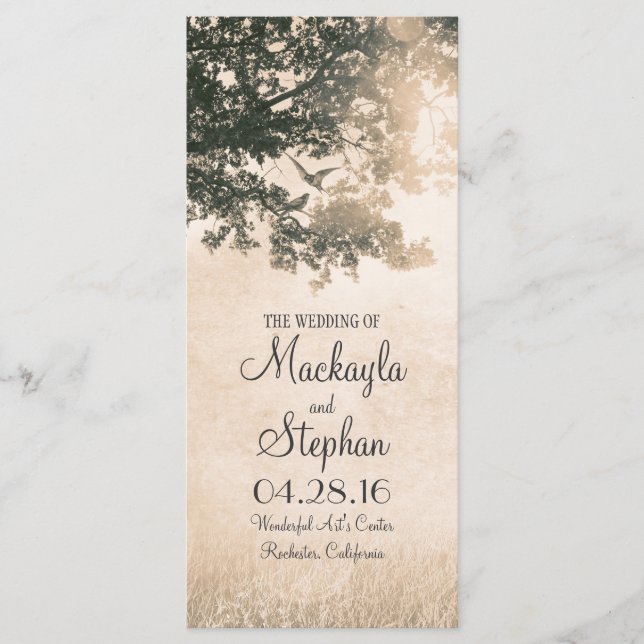 Rustic tree and love birds wedding programs (Front)