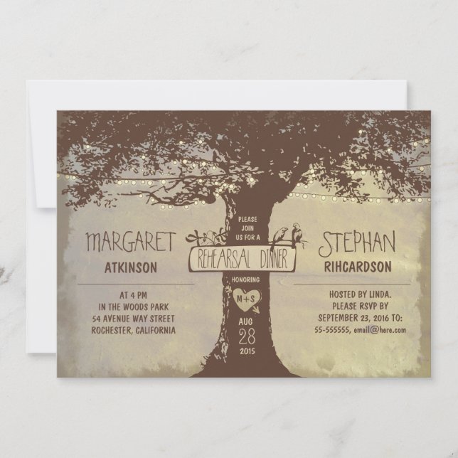 rustic tree and string lights rehearsal dinner invitation (Front)