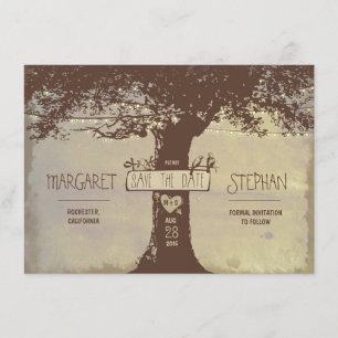 rustic tree and string lights save the date card