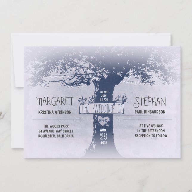 rustic tree and string lights wedding invitation (Front)