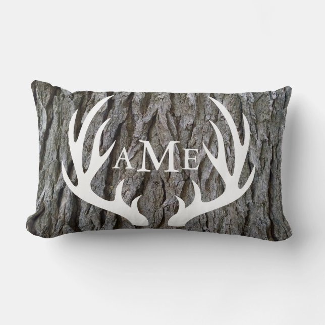 Rustic Tree Bark Country Deer Antlers Personalized Lumbar Pillow (Front)