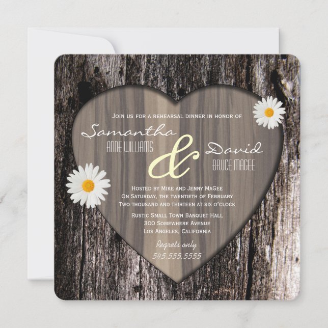 Rustic Tree Bark Heart and Daisy Rehearsal Dinner Invitation (Front)