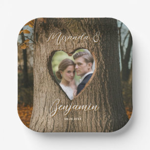 Rustic Tree Bark Heart Photo Wedding Paper Plate
