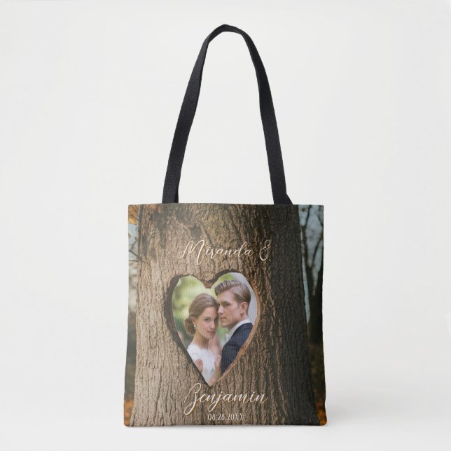 Rustic Tree Bark Heart Photo Wedding Party Gift Tote Bag (Front)