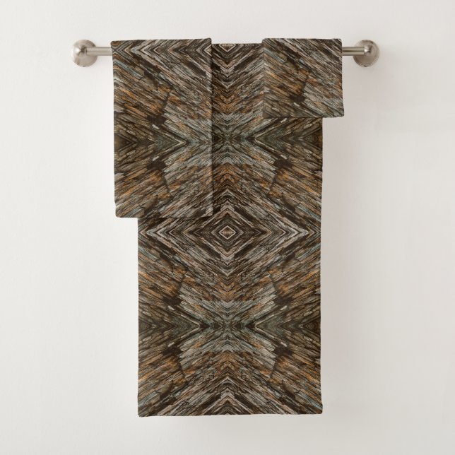 Rustic Tree Bark Photo Southwest Diamond Pattern Bath Towel Set (Insitu)
