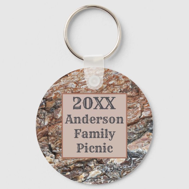 Rustic Tree Bark Reunion Summer Family Picnic Keychain (Front)