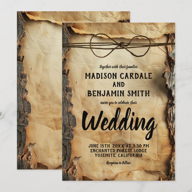Rustic Tree Bark Vintage Parchment Paper Wedding Invitation (Front/Back)