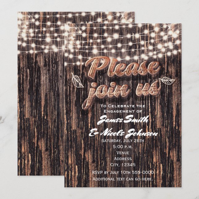 Rustic Tree Bark Wood & Lights Fall Invitations (Front/Back)