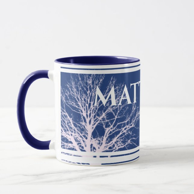 Rustic Tree Blue Personalized Name Mug  (Left)