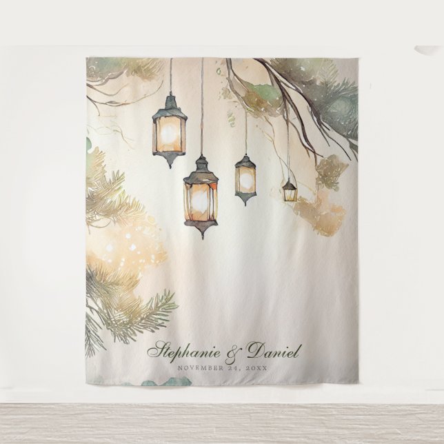 Rustic Tree Botanical Lantern Lights Wedding Photo Tapestry (Front)