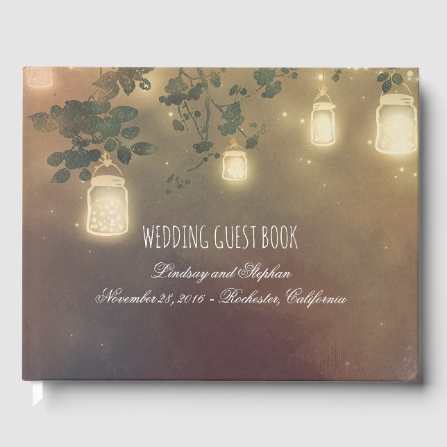 Rustic Tree Branches and Mason Jar Lights Wedding Guest Book (Front)