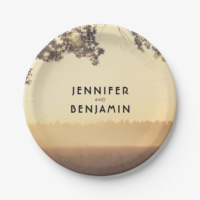 Rustic Tree Branches and String Lights Paper Plate (Front)