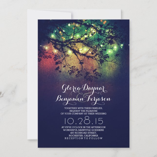 Rustic tree branches blue string lights wedding invitation (Front)