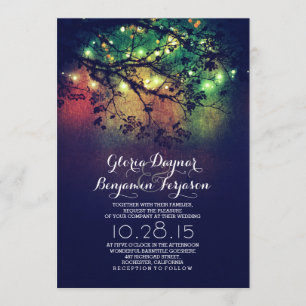 Rustic tree branches blue string lights wedding invitation
