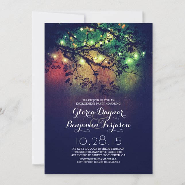 Rustic tree branches & lights engagement party invitation (Front)