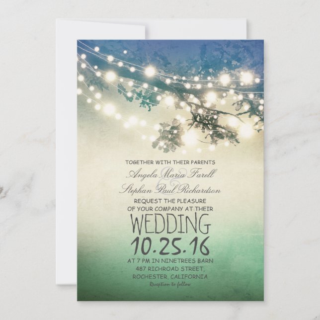 Rustic tree branches & string lights teal wedding invitation (Front)