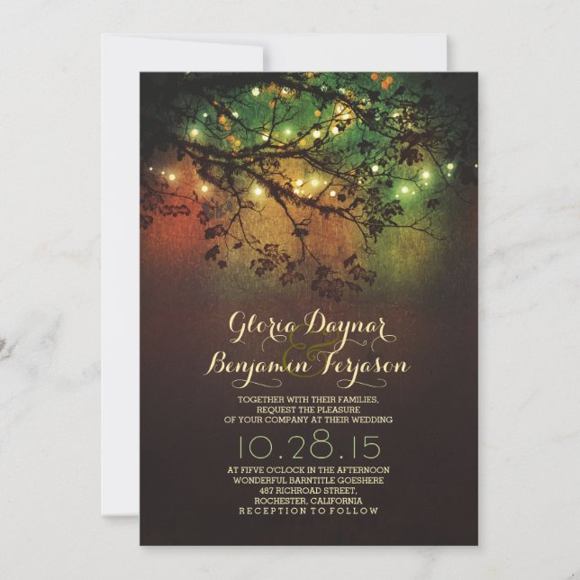 Rustic tree branches & string lights wedding invitation (Front)