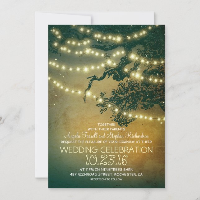 Rustic tree branches & string lights wedding invitation (Front)