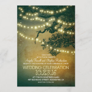 Rustic tree branches & string lights wedding invitation